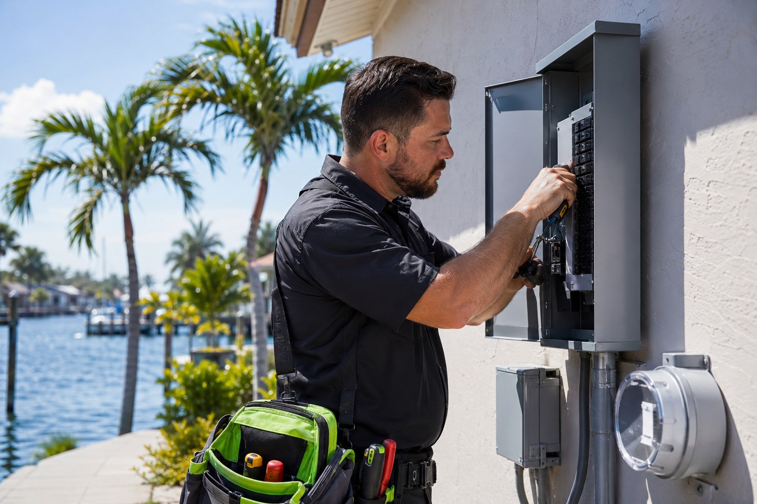 Electrician installing an outdoor electrical panel on a Cape Coral canal home