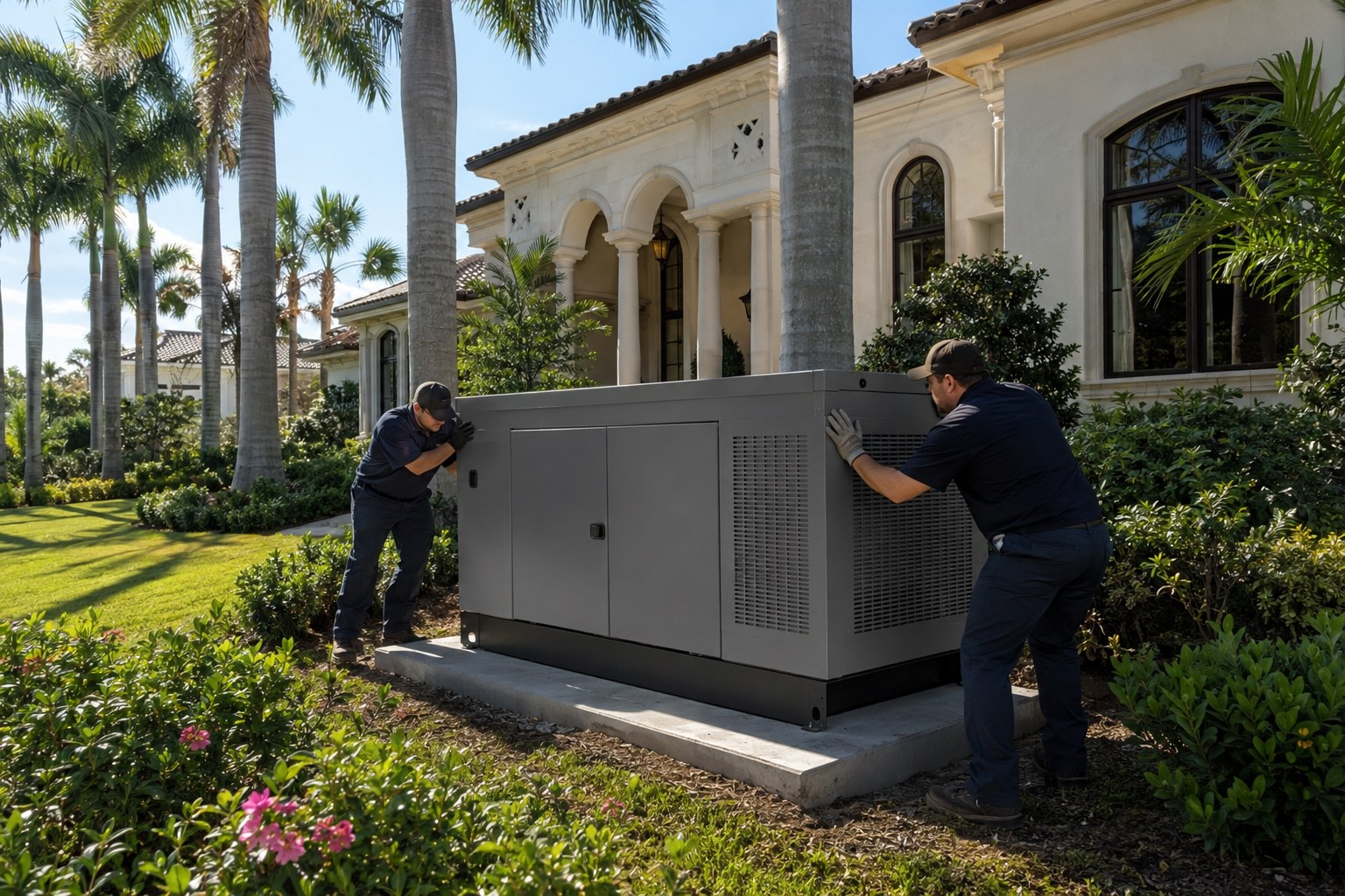 Technicians installing a whole-home standby generator beside a Naples estate home