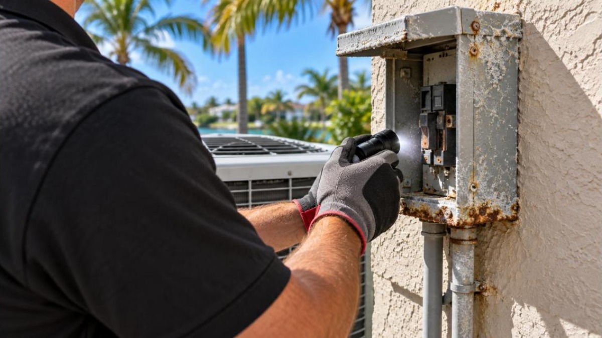 Electrician checking salt air corrosion on a rusty AC disconnect box beside a condenser at a coastal Florida home